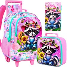 3PCS Girls Rolling Backpack Set, Wheeled Bookbag with Lunch Bag for School
