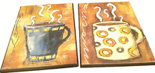 2pc Wooden Wall Art 8.3"x6.3" Coffee Bar Decor Latte/Mocha-Brown/Blue Tones V30