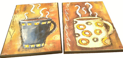 2pc Wooden Wall Art 8.3''x6.3'' Coffee Bar Decor Latte/Mocha-Brown/Blue Tones  V30