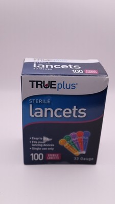 TRUE PLUS STERILE LANCETS 100 CT PER BOX 33 GAUGE MULTI-COLORED EXP 4/2029