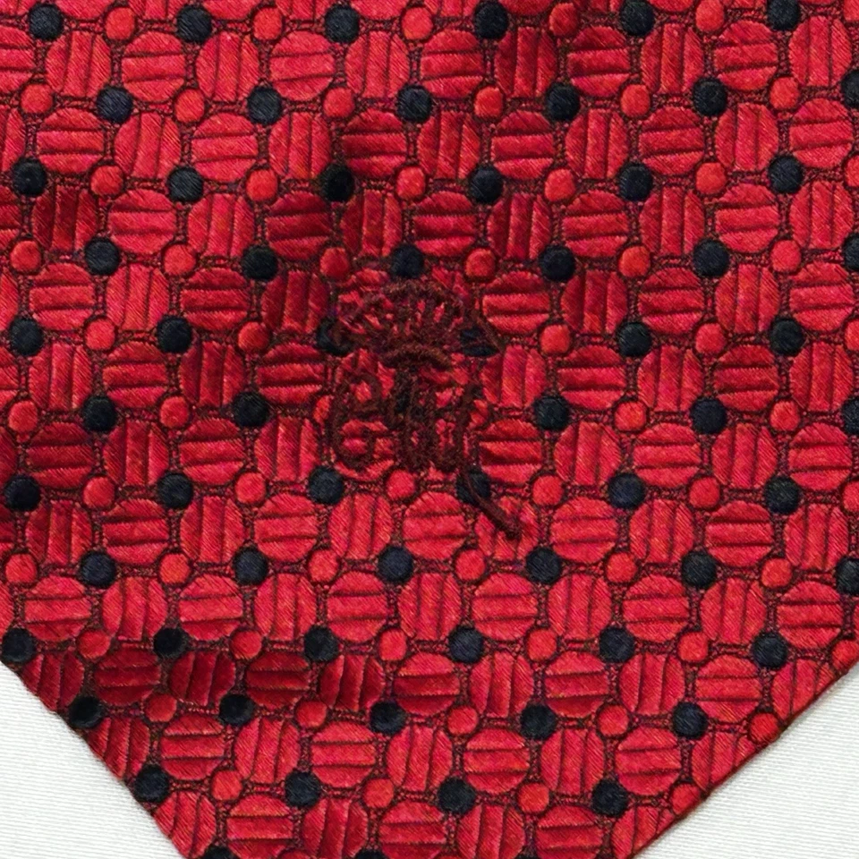 VTG Countess Mara Tie Designer Red Geometric Embroidered Logo Silk 55” x 3.625” - Image 2 of 4