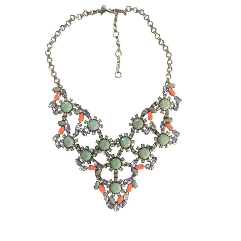 J.Crew Statement Necklace Mint Green Crystal Rhinestone Bib Neon Orange Accents - Image 4 of 4