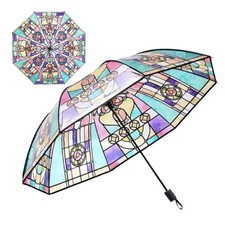 Vintage Stained Glass Automatic Umbrella, Hand-Painted Transparent Folding Umbre