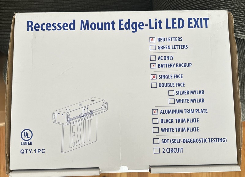 Recessed Mount Edge-Lit LED Exit Sign W/ Red Letters Aluminum TRIM Frame Back Up