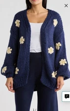 FRNCH Taya Floral Embroidered Hand Knit Cardigan Oversized  Chunky Size M/L