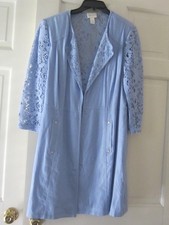 Chicos Sz 2 Linen Rayon Topper Jacket Blue Elongated Open Front Lace Inserts GUC