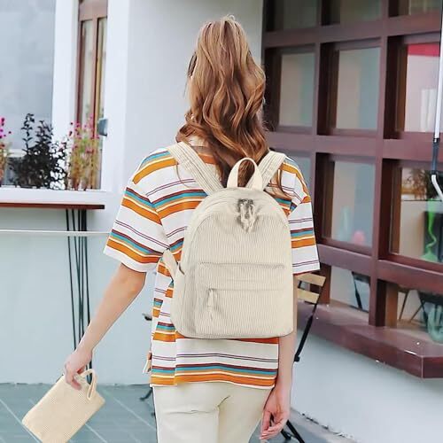 Mini Backpack Girls Cute Small Backpack Purse for Women Teens Corduroy Beige - 第 5/7 張圖片