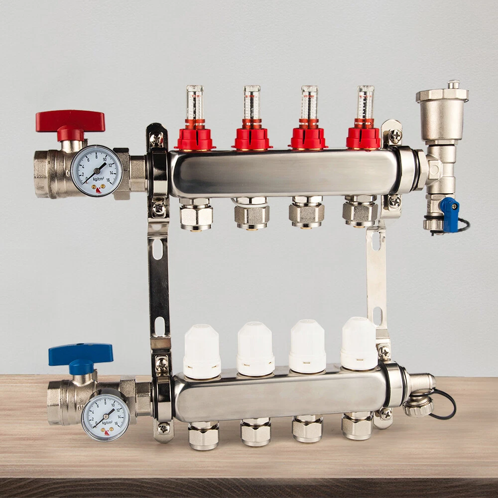 4 Branch Radiant Floor Heating Manifold Stainless Steel For Hydronic PEX  1/2u0026#034; in | eBay