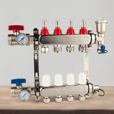 4 Branch Radiant Floor Heating Manifold Stainless Steel For Hydronic PEX 1/2'' in