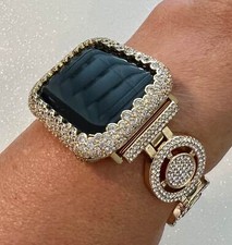 Apple Watch Band Women Yellow Gold Crystal Pave or Apple Watch Cover Lab Diamond