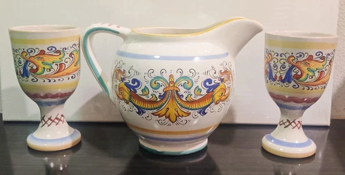 VTG Rare Set Deruta Pottery Pitcher Jug W/ 2 Goblets RAFFAELLESCO Dragon Italian