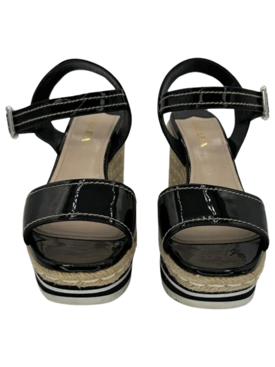PRADA Black Patent Leather Espadrille Wedge Ankle Strap Sandals image 2