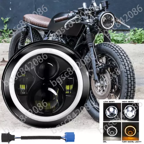 Black 7" inch LED Headlight Projector with Halo DRL for Honda CB550 Cafe Racer