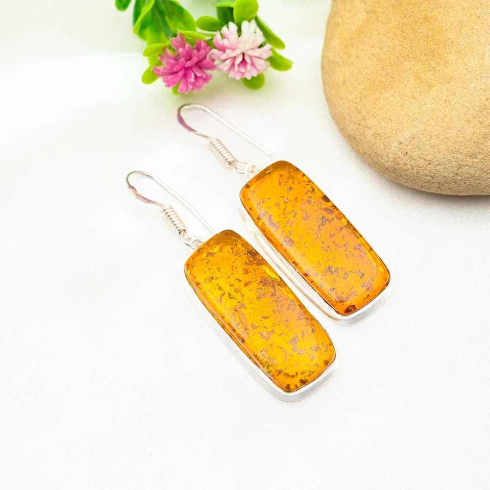 波罗的海琥珀宝石耳环 925 纯银手工珠宝女士礼物 — 第 3/4 张图片