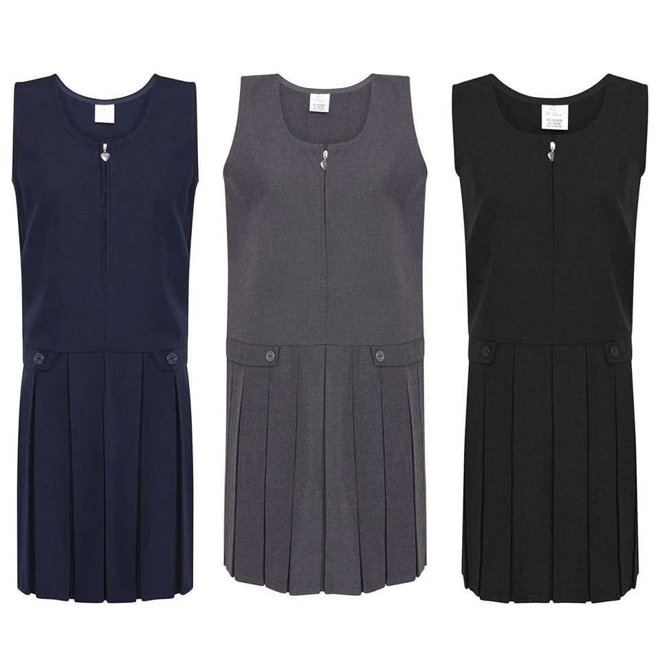 LONDON DREAM Kids Girls School Uniform Pinny Pinafore Dress Pleated Zip Closure Top Quality
