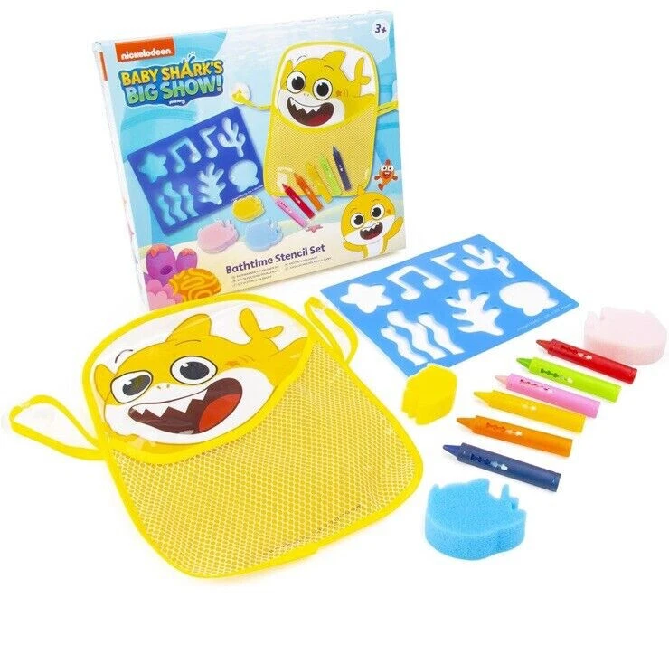 Baby Shark Badezeit Wasser Spielzeug Set Schwämme Buntstifte Schablone & Tasche