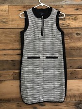 Mod Black White Sleeveless Dress Zip Neck Textured Panel Pockets Office Workwear