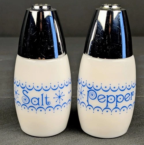 Vintage Westinghouse Gemco Salt & Pepper Shakers Blue Atomic Design MCM Milk Gla