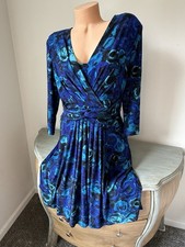 Evan Pickne MIDI Dress L 12 Navy Blue Floral 3/4 Sleeve V Knot Waist Stretch