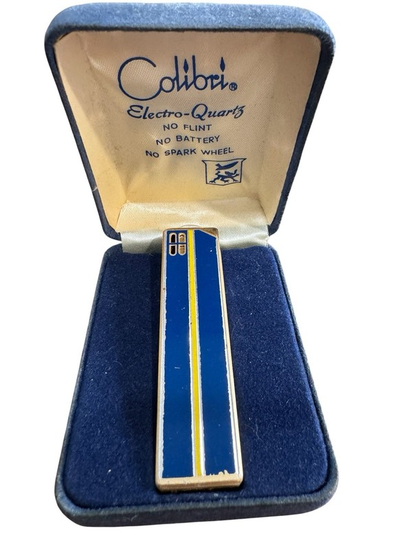 Vintage Colibri Electro Quartz Electronic Butane Lighter Blue Enamel Gold Tone