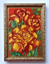 Yellow Roses on Red Abstract Roses art 4x6 Impasto oil painting original framed