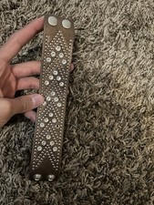 Brown Leather Crystal Studded Adjustable Cuff Bracelet Snap Closure Silver