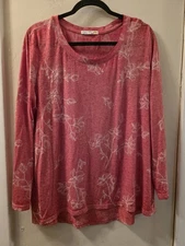 C&C California Top Size 1X Red Floral Pullover Soft Stretch Casual Hi Low Fall