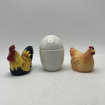 Vintage Rooster Hen and Egg Ceramic Salt Pepper Shakers Toothpick Holder Set