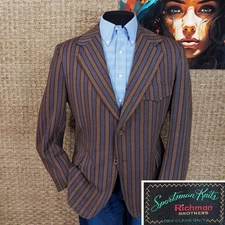 VTG 1970’s Richman Bros. 42 R Striped Sport Coat Blue Brown Tan Knit Polyester