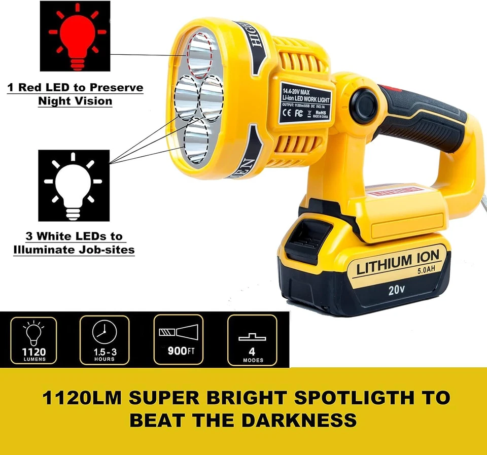 1120LM Flashlight LED Work Light Jobsite Spotlight For DeWalt 20V Li-Ion Battery - Image 2 of 4