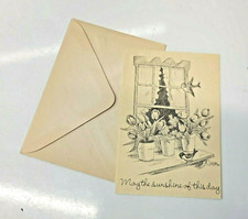 Ann Adams Birthday Card Potted Flowers Window Pencil Drawing Polio Artist Vtg