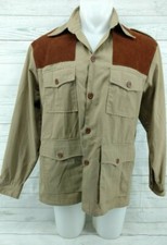 Woolrich USA Tan Brown Leather Shoulder Patch Hunting Shirt Jacket SZ Large