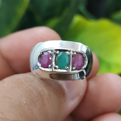 Natürlicher Smaragd Stein mit original roten Rubinen Steinen Band Silber 925 Ring