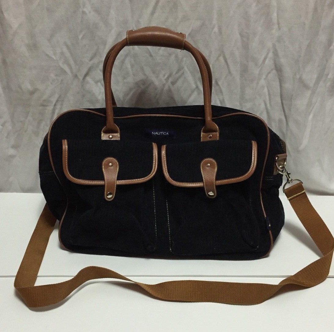 Nautica Corduroy Navy Tan Overnight Carry On Duffle Bag Luggage