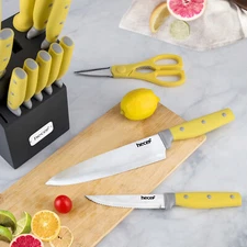 Hecef®14Pcs Knife Block Set with Sharpener Steak Knives Carbon Steel Sharp Knife