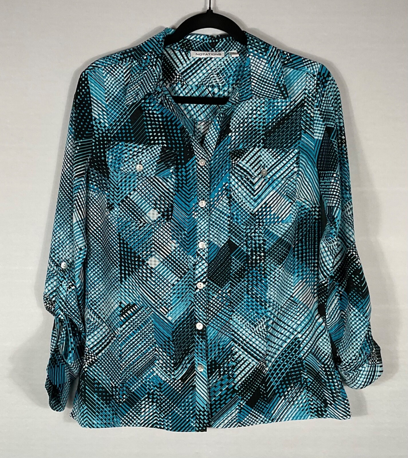 Notations Top Womens S Teal Black Plaid Button Up Pocket Long Roll Tab Sleeves
