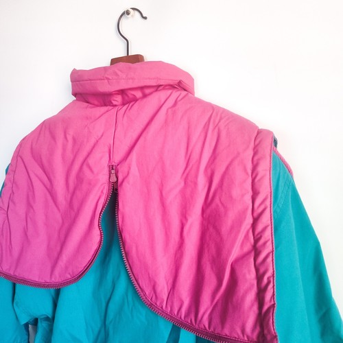 90s Vintage Coat London Fog Full Zip Thinsulate Detachable Hood Teal Pink Medium - Picture 14 of 20