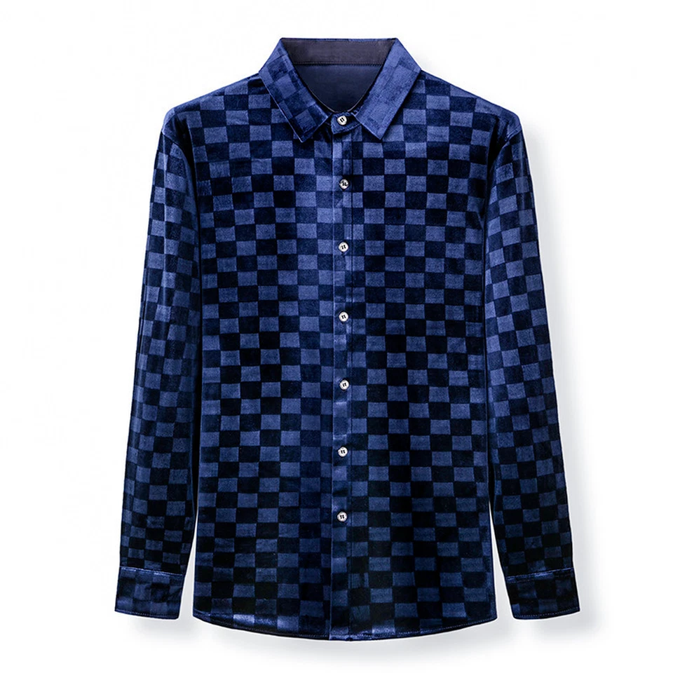 Men Check Plaid Velvet Blouse Top Long Sleeve Shirt Casual Formal Business Work - Image 3 of 4