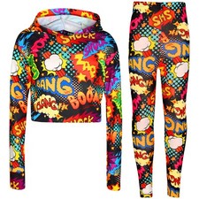 Kids Girls Wow Bang Boom Crop Top Hooded T Shirt Legging Lounge Wear Set 7-13 Yr
