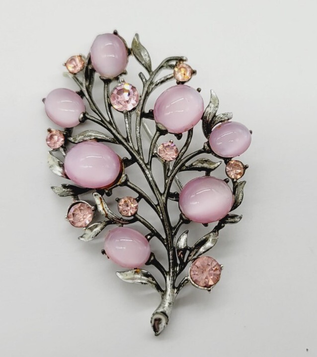 CORO Bouquet Brooch Pink Moonglow Rhinestone Flower Figural Signed Silver tone