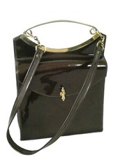 Vintage c1950s/1960s Brown Patent leather Waldybag, metal handle click clasp VGC