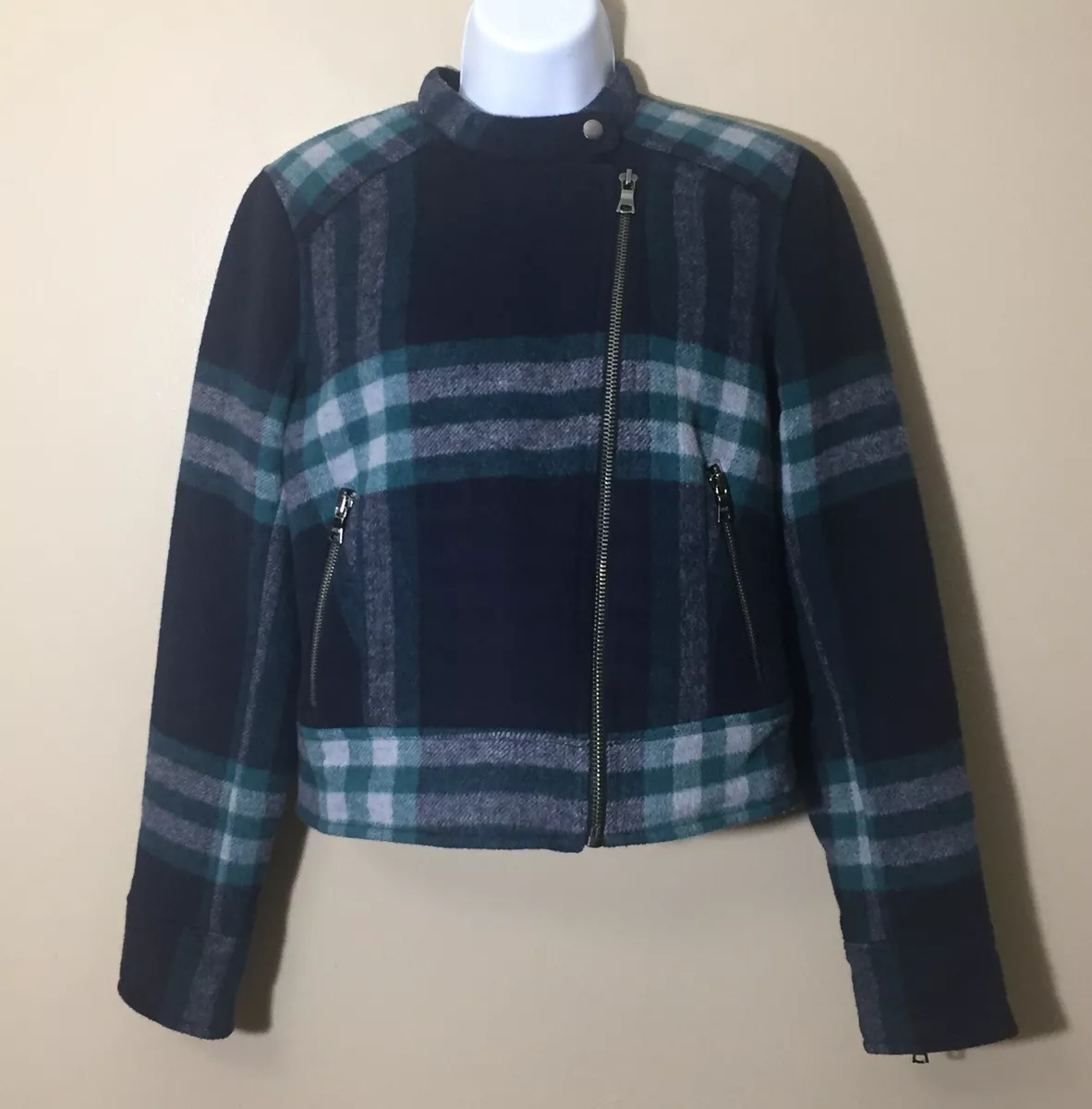 Gap Moto Blue Green Plaid Short Wool Blend Jacket Size S eBay