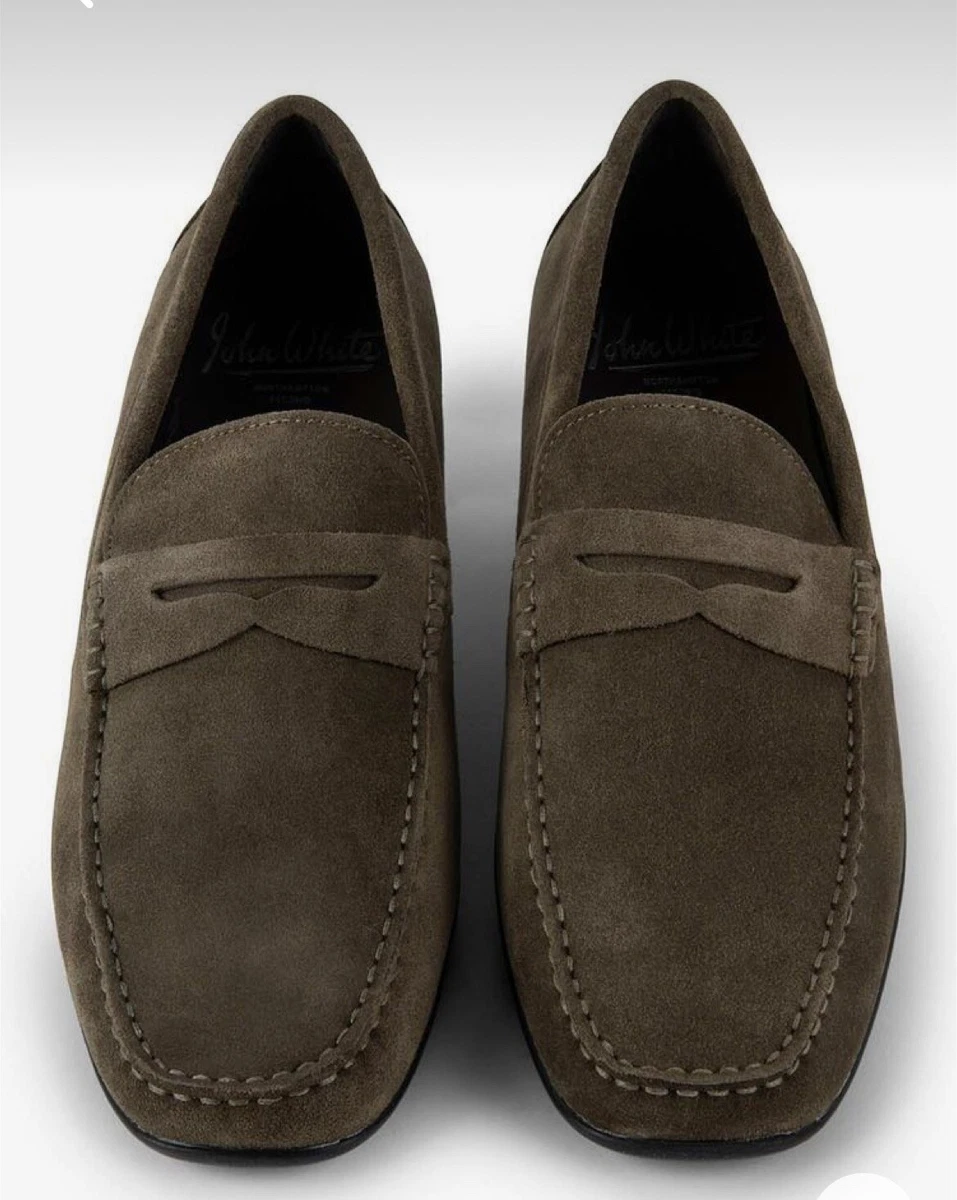 Men s JOHN WHITE Naples Suede Moccasin Loafers Driving Shoes. Olive Brown UK8