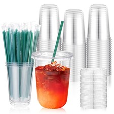 50 Sets 16 oz Plastic Cups with Lids and Straws, Clear Disposable Iced Coffee...