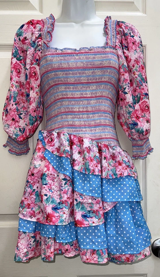 Vestido Vintage HAZEL & OLA VE Moody Vino Calado Volantes Rosa Azul Floral Foto 2 de 4