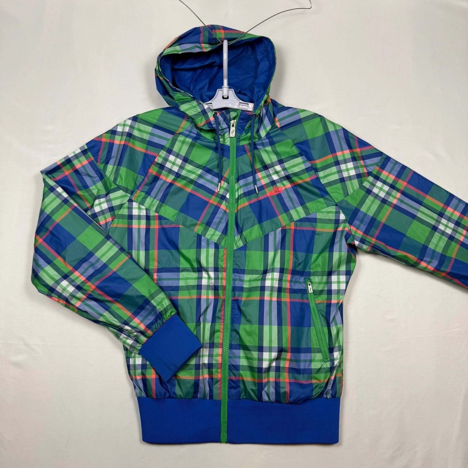 Nike Sportswear Windbreaker Jacket Women's Size L Green Blue Plaid Zip Up Hooded