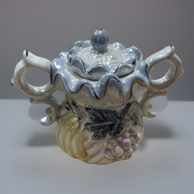 VTG Porcelain Sugar Pot Grapes Bananas Pears Lid Gorgeous Glaze  