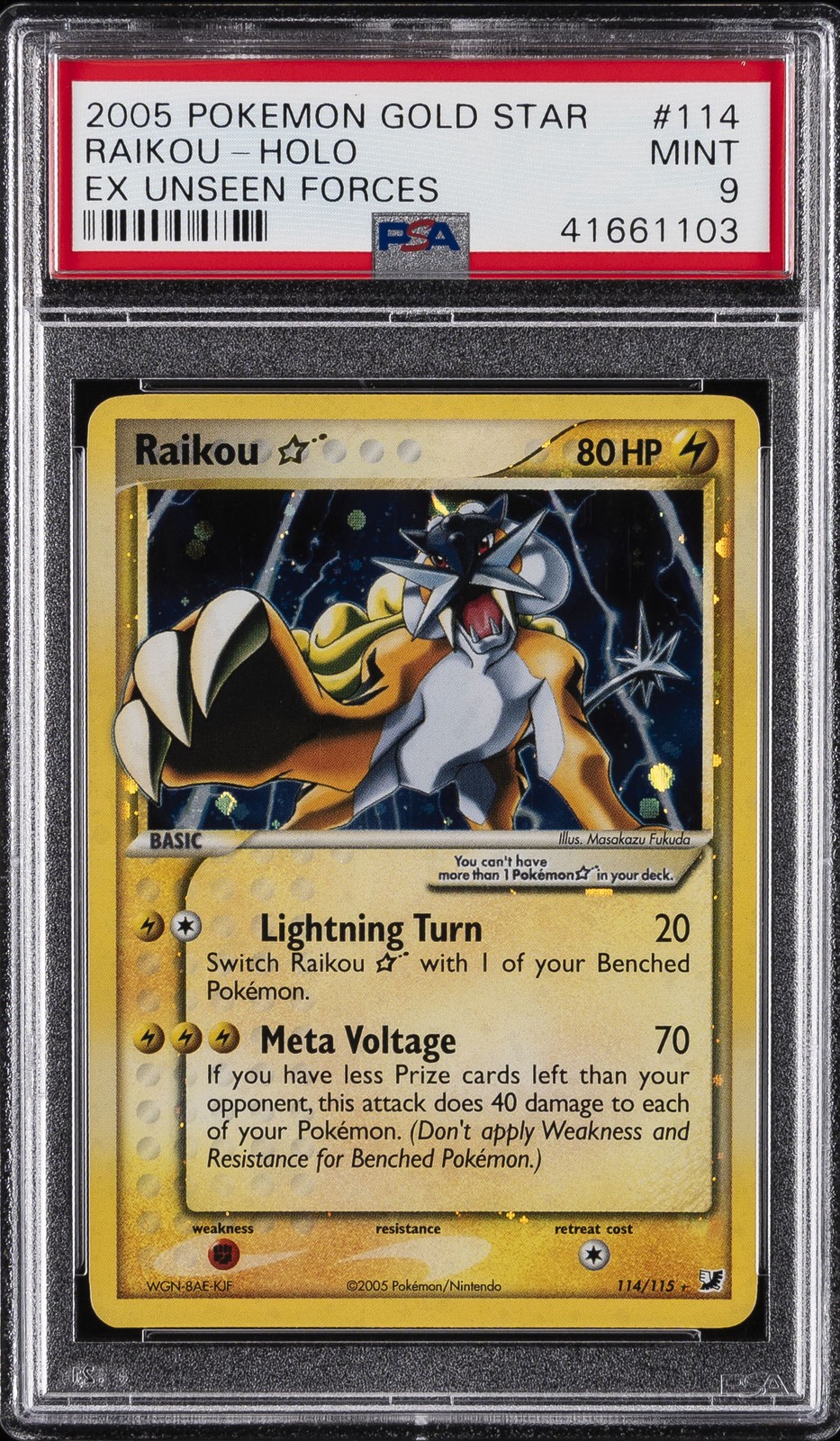 2005 POKEMON EX UNSEEN FORCES GOLD STAR #114 RAIKOU-HOLO PSA 9