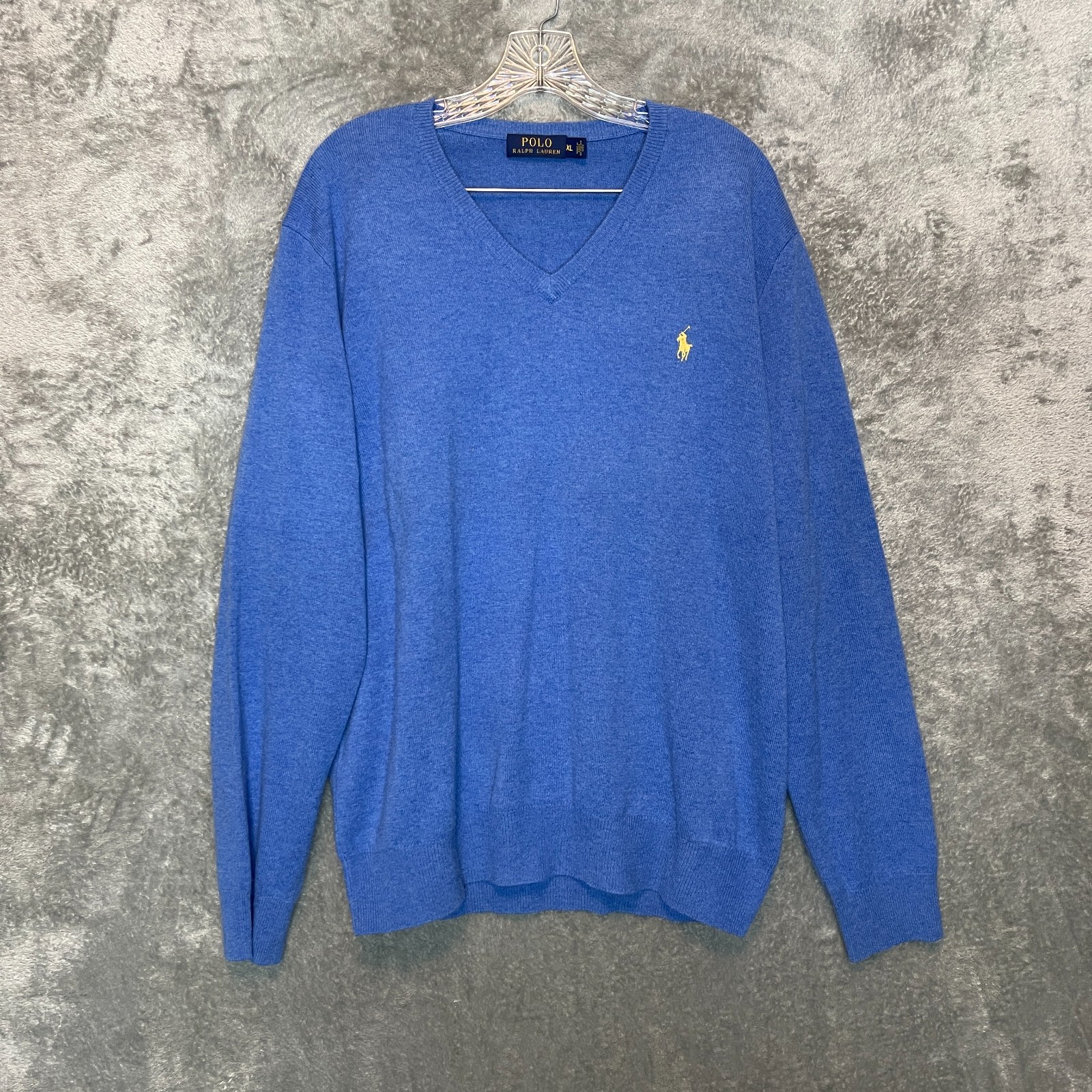 Polo Ralph Lauren Men Classic Preppy Merino Wool V Neck Pullover Sweater XL Blue
