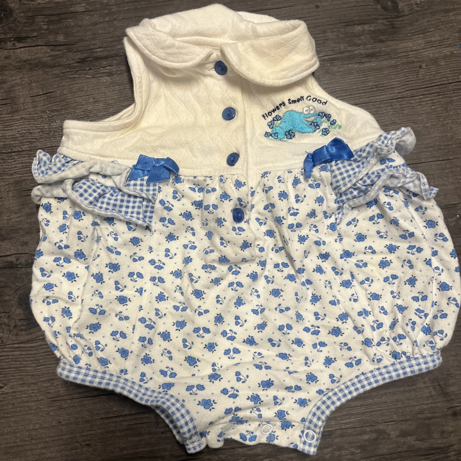 Vintage Sesame Street Cookie Monster Embroidered Romper 6/9 Months